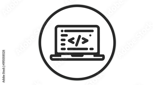 A black and white graphic of a laptop inside a circle, featuring code symbols