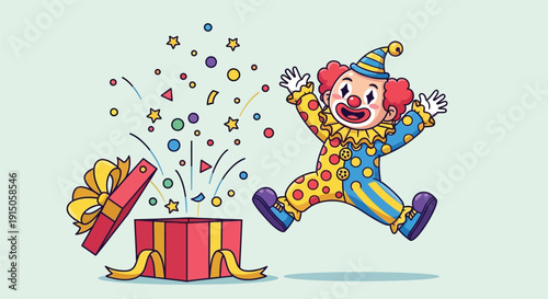 Joyful clown celebrating with a surprise gift explosion of confetti and balloons