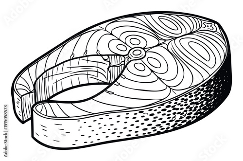 Black line drawing of a fresh salmon steak perfect for illustrating healthy culinary concepts, seafood recipes, or restaurant menu designs for food industry and cooking enthusiasts