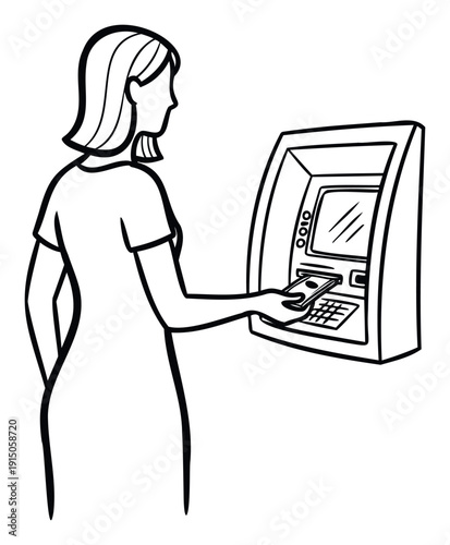 Woman conducting a secure financial transaction at an automated teller machine, depicting banking activities for use in financerelated advertisements and informational content