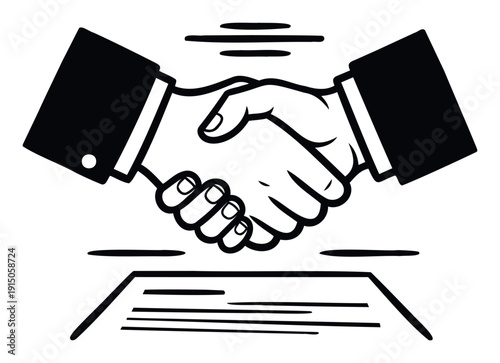 Professional business people shaking hands over a legal document, symbolizing successful negotiation, agreement, partnership, and trust for corporate or legal services communication