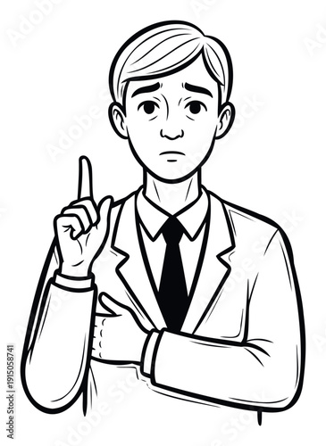 Serious businessman points his finger upwards while delivering an important message or offering a thoughtful explanation perfect for professional communication and educational contexts