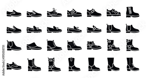 Collection of various footwear icons in black silhouette for use in digital projects, infographics, educational materials, and product categorization systems