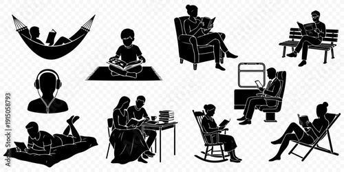 Set of silhouettes of people reading books and using tablets in different positions and environments isolated