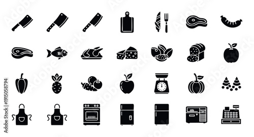 A comprehensive collection of kitchen cooking food and grocery store essentials presented as simple black silhouette icons for various culinary themed applications and digital projects.
