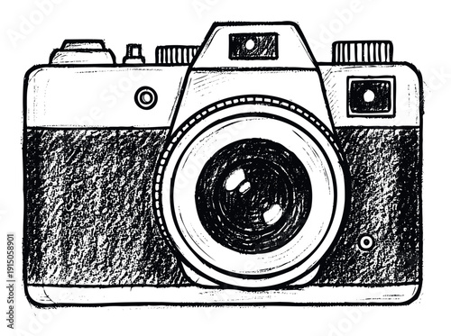Black and white hand drawn sketch of a classic vintage film camera with a textured finish, perfect for creative photography projects and nostalgic themed graphic solutions.
