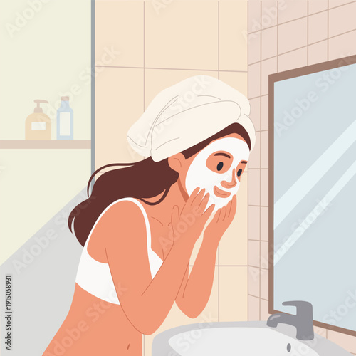 A young woman applies a face mask in the bathroom. Vector illustration