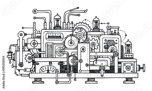 Detailed intricate mechanical apparatus drawing featuring numerous gears, pipes, and vacuum tubes perfect for industrial engineering technology or steampunk design concepts