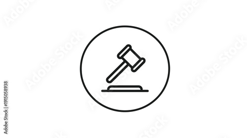 A black and white icon. It depicts a gavel within a circle, representing law and legal proceedings
