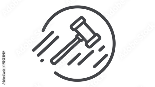 Black and white icon of a gavel and its handle inside a circle with motion lines