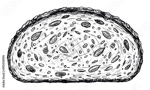 Hand drawn black and white sketch of a textured bread slice featuring various seeds and grains, perfect for bakery menus, culinary blogs, or food packaging designs.