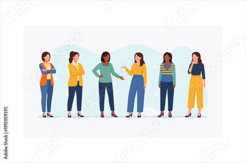 Diverse group of women standing together in various poses and colorful clothing
