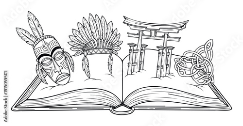 This line drawing depicts diverse world cultures emerging from an open book, symbolizing global knowledge, education, and the exploration of history for use in publishing, learning