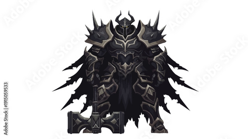 Digital illustration of a dark fantasy character wearing black and gold armor with spikes, standing against a white background.