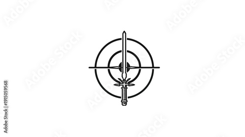 Black and white illustration of a sword centered within a target symbol