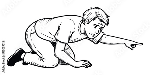 Young man on his knees with a worried expression points forward, useful for depicting confusion, discovery, or a call to attention in various visual media projects