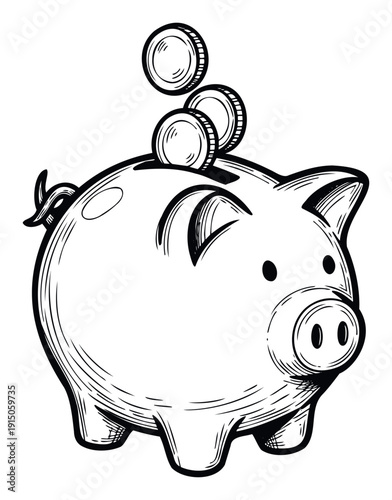 A charming hand drawn piggy bank sketch with coins falling into its slot, representing savings and financial security, perfect for business concepts or personal finance content