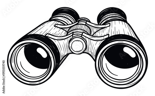 Classic engraved style binoculars perfect for outdoor exploration wildlife observation travel blogs adventure prints or nature themed marketing materials conveying a sense of discovery