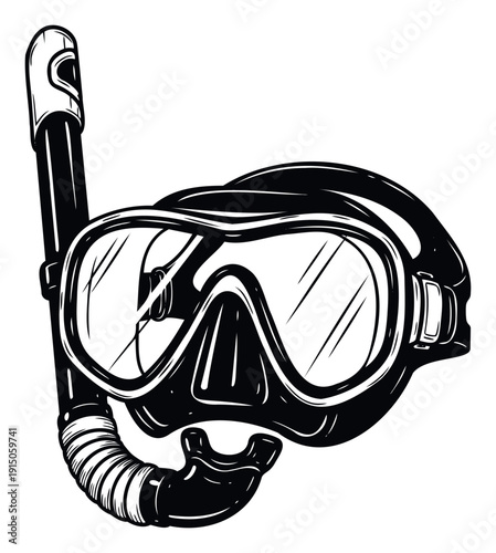 A black and white graphic depiction of essential snorkeling and scuba diving equipment featuring a mask and breathing tube perfect for marine leisure and aquatic adventure promotions