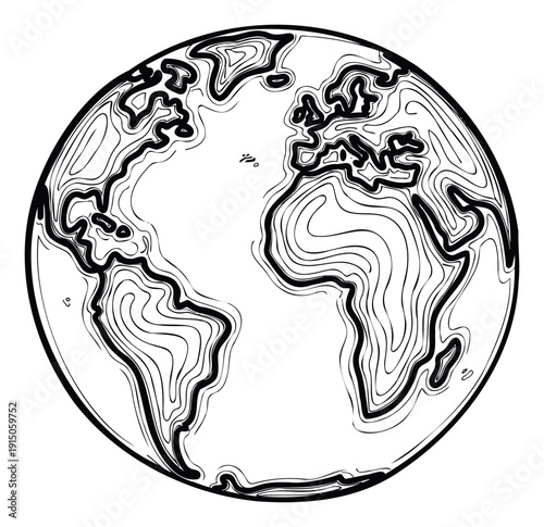 Stylized black and white global map featuring abstract contour lines representing continents and oceans, perfect for educational materials, environmental awareness campaigns, or