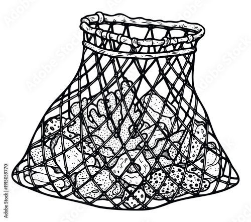 Underwater sea life collection in a fishing net, depicted in a classic engraving style, perfect for ocean conservation campaigns or marine biology educational materials