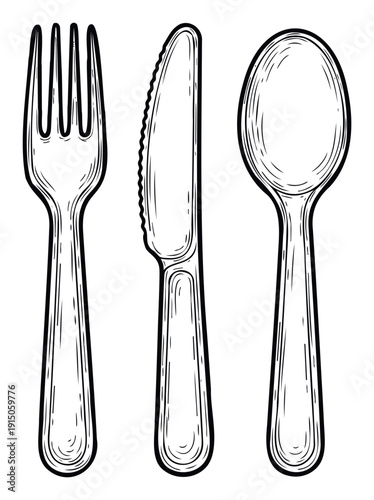 Classic hand drawn restaurant utensils including a fork, serrated knife, and spoon for various dining and cooking related projects