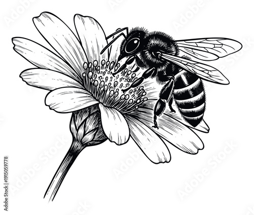 A monochrome depiction of a busy bee pollinating a blooming flower, ideal for educational resources, environmental awareness campaigns, and nature themed promotions.