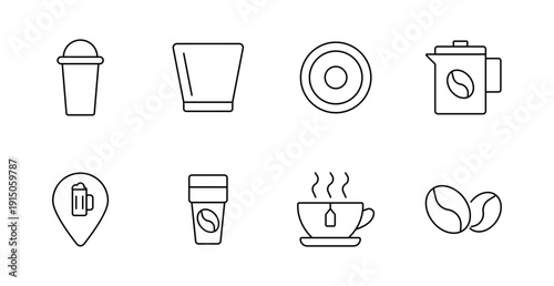 Coffee set icon. Cup, tumbler, plate, french press, pin, tea, beans, beverage container.