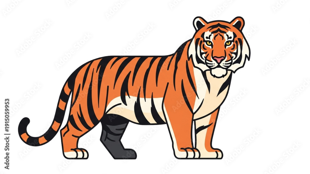 Obraz premium Tiger with prosthetic leg standing in profile, viewed from side, illustration