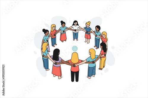 Diverse group of women standing together in unity and solidarity circle formation globally
