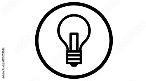 Black and white illustration of an electric light bulb contained inside a circular border