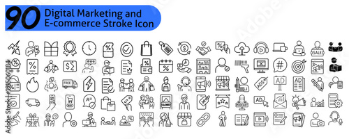 Digital Marketing and E-commerce Stroke Icon Collection. Containing Sale, Discount, Shopping Cart, Online Ads, SEO, Social Media, Analytics and more icons.