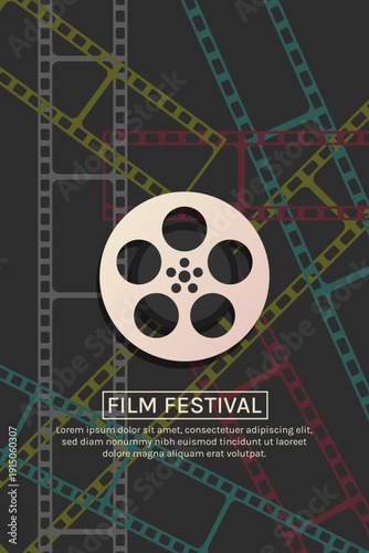 Vintage Cinema Background with Colored Filmstrips and Film Reels, Classic Movie Theme Illustration