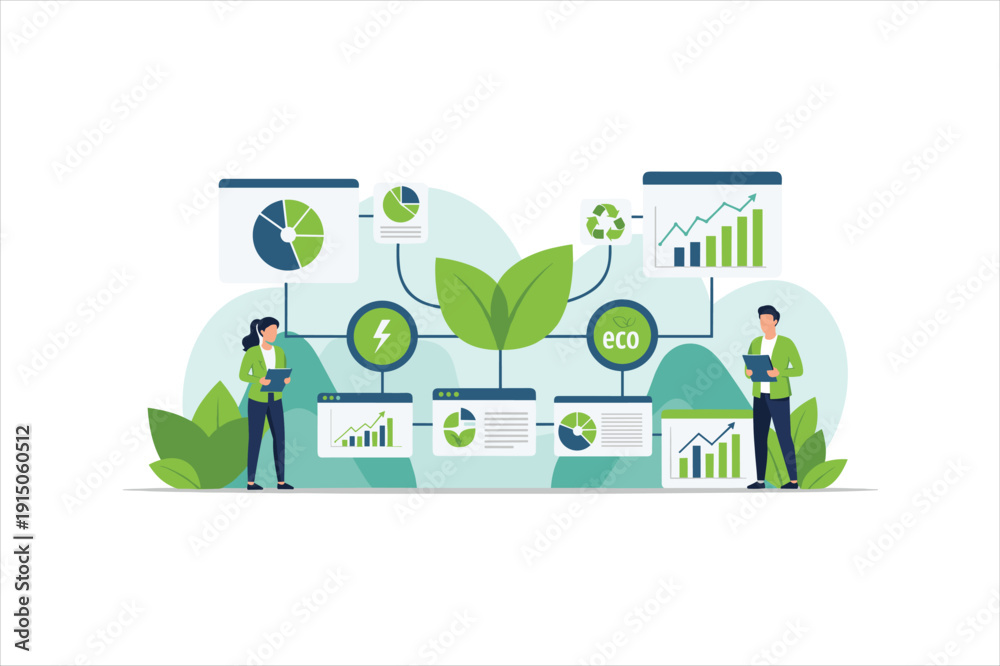 Fototapeta premium Ecofriendly concept illustration with people analyzing data and charts around a growing plant