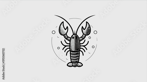 A stylized monochrome illustration of a lobster, encircled by simple dotted lines, on a light gray background