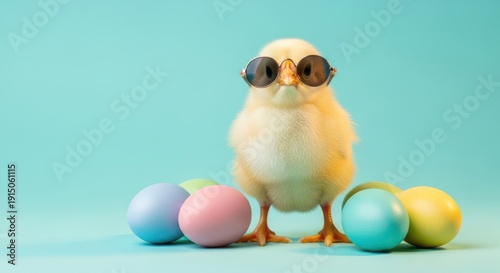 Cute chick wearing sunglasses with Easter eggs