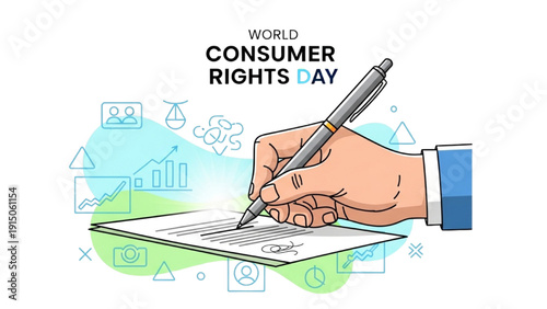 High-quality black outline colorful art of a hand signing a contract with a pen, emphasizing transparency and fairness for World Consumer Rights Day