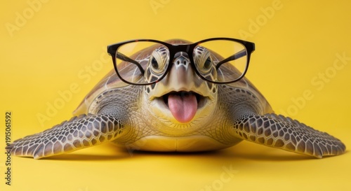Funny turtle wearing glasses sticking out tongue