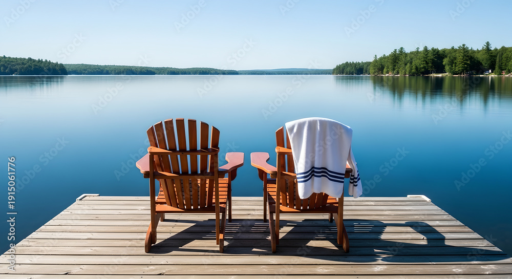 Obraz premium Two empty wooden adirondack chairs await relaxation on a sunny dock overlooking the vast blue lake water.