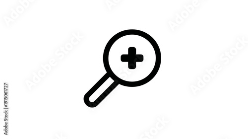 A magnifying glass icon with a plus sign, rendered in solid black, on a white background