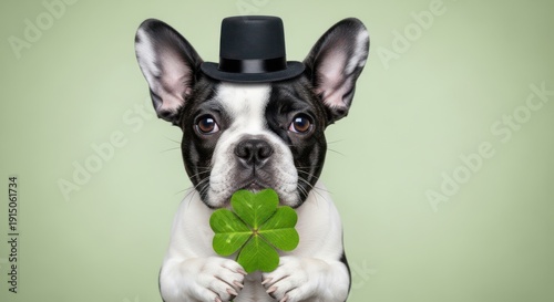 Cute French Bulldog Wears Top Hat Holding Clover