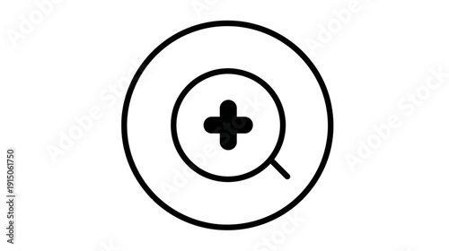 A black and white graphic depicting a magnifying glass with a cross inside of a circle