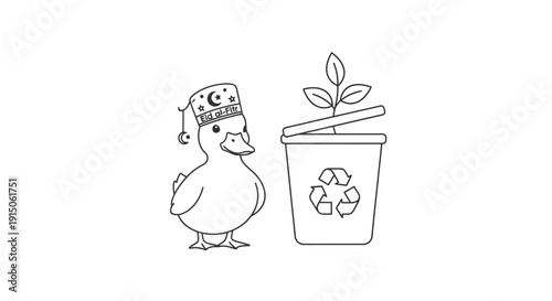 Duck with festive hat beside recycling bin and plant