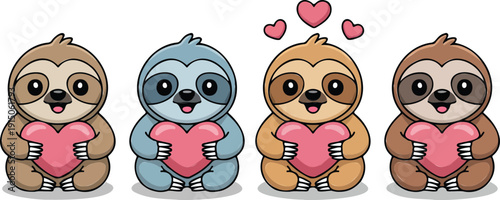 Cute Sloth with Heart Outline Icon Set Adorable Valentine Animal Characters