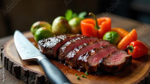 Wallpaper Mural A succulent grilled steak sliced and arranged on a rustic wooden board, accompanied by roasted vegetables for a delightful culinary presentation. Torontodigital.ca