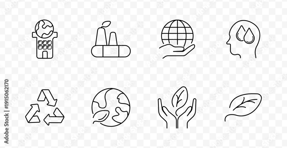 Fototapeta premium Environment eco set icon. Speaker, factory, globe, head with drops, recycling, leaves, hands drawn in outlined style with transparent background