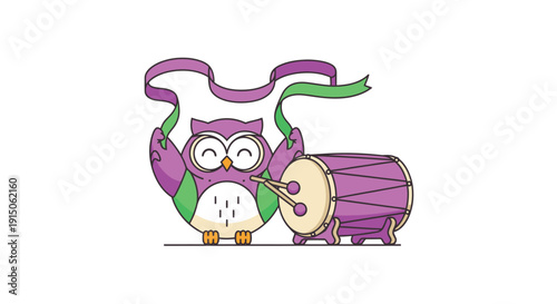 Owl drummer with purple drum and ribbon accessories