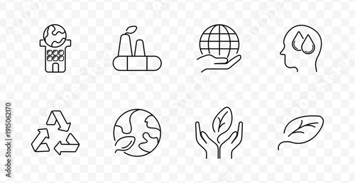 Environment eco set icon. Speaker, factory, globe, head with drops, recycling, leaves, hands drawn in outlined style with transparent background