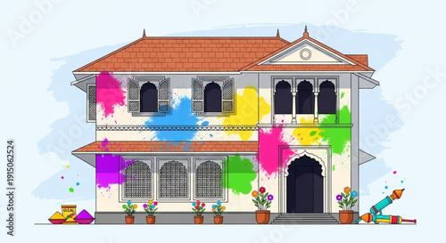 Colorful house with paint splatters celebrating holi festival vibrant colors and potted plants on a sunny day