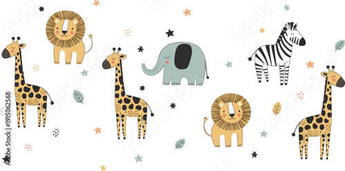 Cute Safari Animals Seamless Pattern with Giraffe Lion Elephant and Zebra Kids Nursery Cartoon Vector Background
